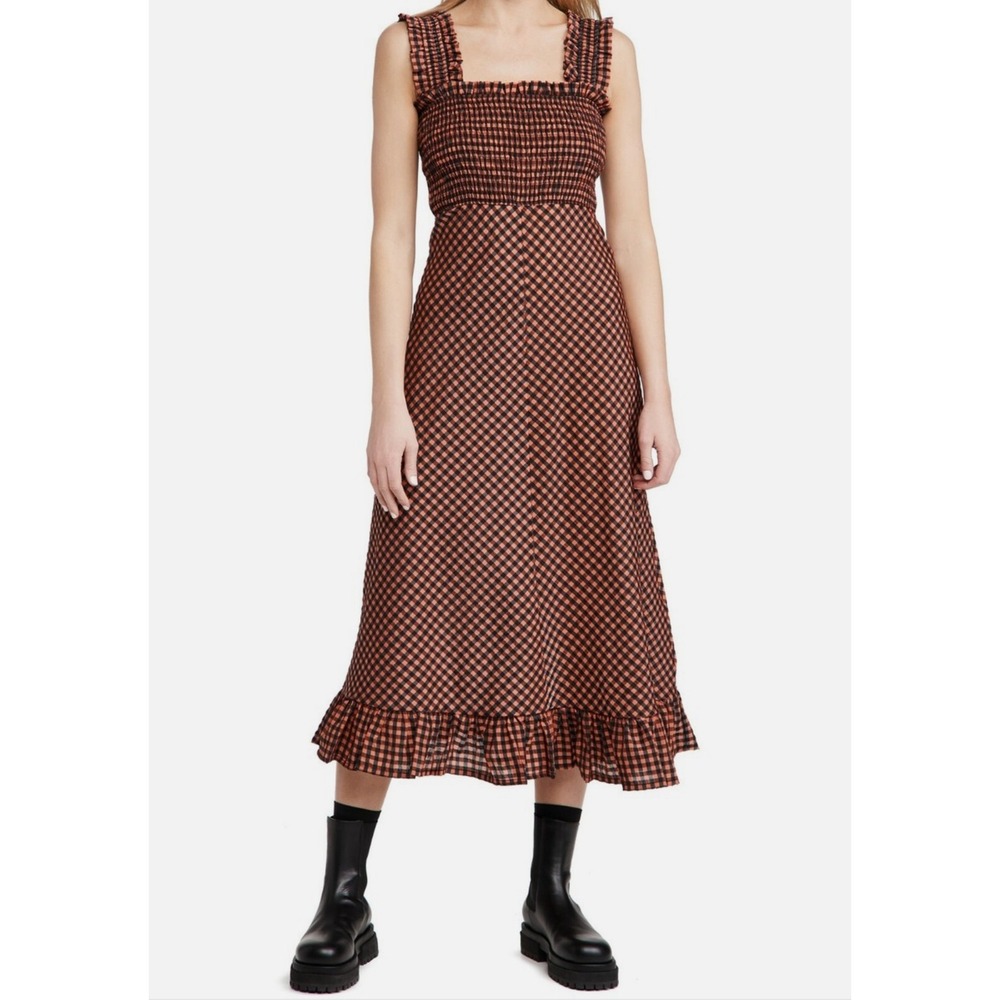 Ganni Seersucker Check Midi Dress Size EU 36/ US 4 Orange Black
